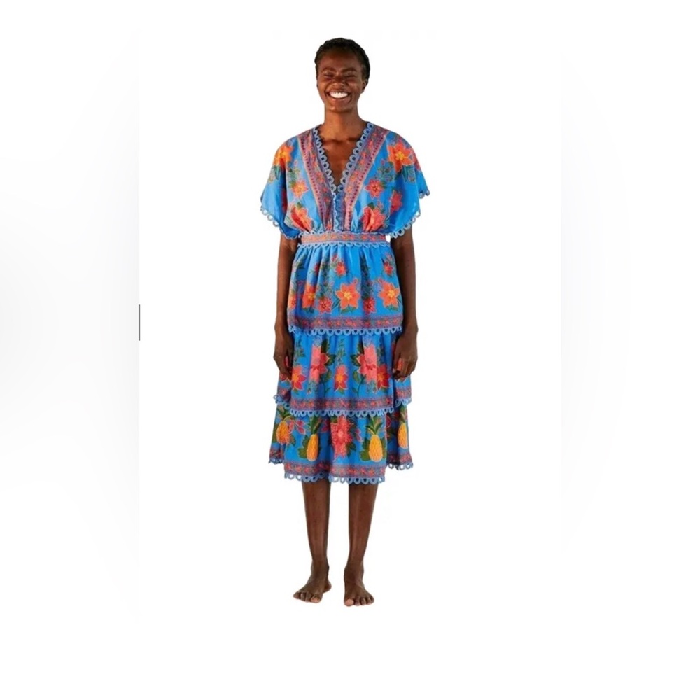 FARM Rio Blue Tropical Tapestry Layered V-Neck Dress NWT - Picture 3 of 10